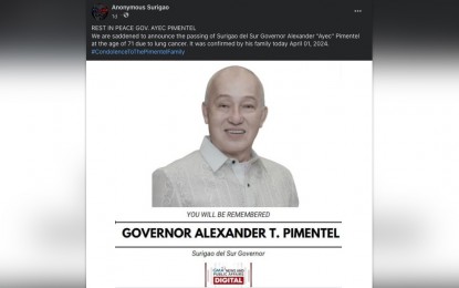 <p>One of the Facebook Pages spreading false information on the death of Surigao del Sur Gov. Alexander Pimentel. The governor belied the claim on Tuesday (April 2, 2024), saying it was the work of his political rivals. <em>(Screenshot)</em></p>