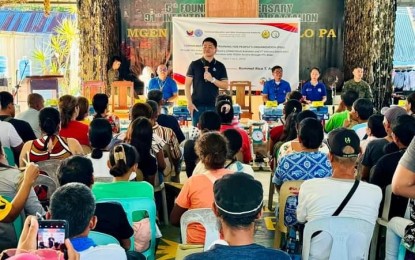 <p><strong>NEW LIVES</strong>. Aurora Rep. Rommel Rico Angara delivers his message during the closing ceremony of the Community-Based Training for Peoples Organizations held at Camp Jaime Bitong Sr. in Baler, Aurora on Tuesday (April 2, 2024). Angara manifested his full support to the efforts led by the 91st Infantry Battalion in helping returnees start their new lives.<em> (Photo by Jason de Asis)</em></p>