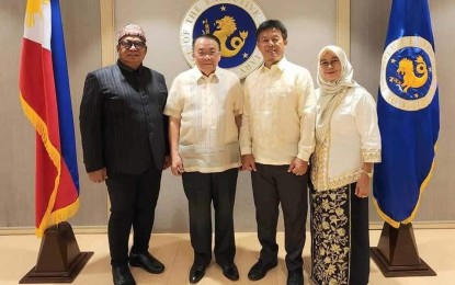 <p><strong>NCMF CHIEF.</strong> Secretary Sabuddin Abdurahim (2nd from right) took his Oath of Office as the new chief of the National Commission on Muslim Filipinos (NCMF) before Executive Secretary Lucas Bersamin (2nd from left) at the Malacañan Palace on March 27, 2024. The ceremony was witnessed by Governor Yshmael “Mang” Sali of Tawi-Tawi (leftmost) and the Secretary’s wife Barangay Chairwoman Dewy Sabuddin (rightmost).<em> (Photo from NCMF website)</em></p>