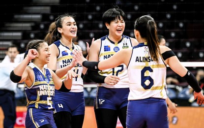 <p><strong>TOP LADY BULLDOG.</strong> National University's Bella Belen (2nd from left) celebrates with her teammates after their 25-14, 25-14, 25-12 victory over University of the East in UAAP Season 86 women's volleyball tournament at the SM Mall of Asia Arena on Wednesday (April 3, 2024). Belen had 13 points, 10 excellent receptions, and 10 digs as the Lady Bulldogs moved to within a win away from securing a semifinal berth. <em>(UAAP photo)</em></p>