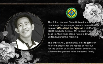 <p>Jonji Imperio, an employee of the Sultan Kudarat State University, whose body was found along the Ala River in Isulan, Sultan Kudarat, on Wednesday (April 3, 2024). <em>(Image courtesy of SKSU)</em></p>