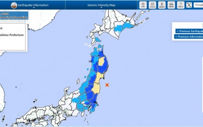<p><strong>EARTHQUAKE.</strong> A magnitude 6.0 earthquake jolted northeastern Japan at 12:16 p.m. on Thursday (April 4), according to the Japan Meteorological Agency. The Department of Migrant Workers has immediately activated its protocols to closely monitor the situation and developments of overseas Filipino workers in Japan. <em>(Photo grabbed from the Japan Meteorological Agency website)</em></p>