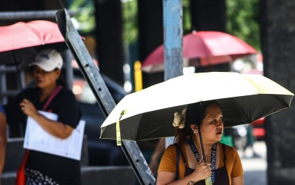 <p><strong>IN HEAT.</strong> Pedestrians armed with umbrellas cross an intersection in EDSA, Quezon City on Thursday (April 4, 2024). Health experts advise staying under shaded areas from noontime until 3 p.m. when the temperature is at its highest. <em>(PNA photo by Joan Bondoc)</em></p>