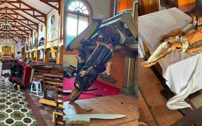 <p><strong>DESECRATED.</strong> Religious images inside the San Isidro Labrador Parish Church in Binalbagan, Negros Occidental are destroyed on April 3, 2024. The Diocese of Kabankalan has ordered the closure of the church until further notice after the incident. <em>(Photo courtesy of San Isidro Parish-Binalbagan Facebook page)</em></p>