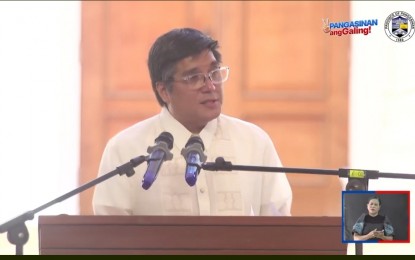 <p><strong>STATE OF THE PROVINCE</strong>. Pangasinan Governor Ramon Guico III during his State of the Province Address on April 5, 2024 in front of the Capitol building in Lingayen town, Pangasinan. The SOPA coincides with the province's 444th founding anniversary. (<em>Photo screenshot from Pangasinan's Facebook page</em>)</p>