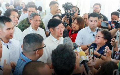 <p><strong>MEDIA INTERACTION</strong>. President Ferdinand R. Marcos Jr. talks to reporters on the sidelines of the ceremonial energization of the National Grid Corporation of the Philippines’ Cebu-Negros-Panay 230-kV Backbone Project in Bacolod City on Monday (April 8, 2024). Marcos expressed his support to the bill creating the Negros Island Region. <em>(Photo courtesy of the Presidential Communications Office)</em></p>