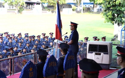 <p><strong>AWARDING</strong>. Brig. Gen. Andre Dizon, PRO5 regional director, gives his message during the Monday (April 8, 2024) flag ceremony at the PRO5 regional headquarters in Camp Simeon Ola, Legazpi City. Five police officers were given merit and commendation awards for their different accomplishments that brought honor to the police force in Bicol. <em>(Photo courtesy of PRO5)</em></p>