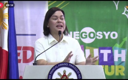 <p><strong>CREATING YOUNG ENTREPRENEURS.</strong> Vice President and Education Secretary Sara Duterte underscores the need to grant entrepreneurship mentorship to senior high school (SHS) learners, in a speech during Go Negosyo's 4th Youthpreneur program at the Rizal High School in Pasig City on Monday (April 8, 2024). She said this would help ensure skills match or provide future alternative career options to SHS learners.<em> (Screengrab)</em></p>