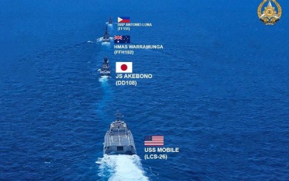 <p><strong>MARITIME COOPERATION.</strong> BRP Antonio Luna (top) leads the three other participating ships in a column formation during the division tactics/officer of the watch maneuver exercise during the first multilateral maritime cooperative activity in the West Philippine Sea on Sunday (April 7, 2024). The Armed Forces of the Philippines and the Department of National Defense on Monday (April 8) confirmed that two Chinese People's Liberation Army Navy vessels were detected near the area where the drills were held but did not interfere or issue any radio challenge. <em>(Photo courtesy of <span class="x193iq5w xeuugli x13faqbe x1vvkbs x1xmvt09 x1lliihq x1s928wv xhkezso x1gmr53x x1cpjm7i x1fgarty x1943h6x xudqn12 x3x7a5m x6prxxf xvq8zen xo1l8bm xzsf02u" dir="auto">Philippine Navy AW109E/NH434</span>)</em></p>