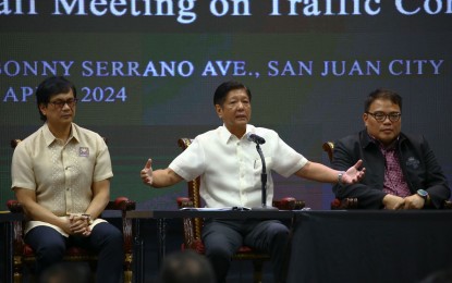 <p><strong>ADDRESSING TRAFFIC CONGESTION</strong>. President Ferdinand R. Marcos Jr. leads the Bagong Pilipinas Townhall Meeting on Traffic Concerns in San Juan City on Wednesday (April 10, 2024). The President gathered concerned government agencies, local government units, transport groups, and other stakeholders to come up with solutions to address the traffic congestion in Metro Manila. <em>(PNA photo by Joan Bondoc)</em></p>