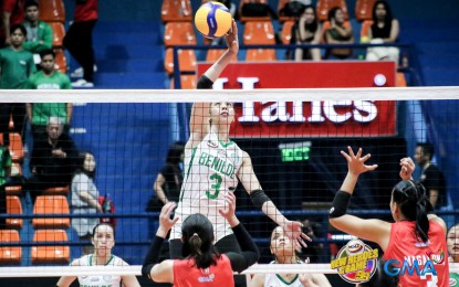 <p><strong>2ND WIN. </strong>College of Saint Benilde's Michelle Gamit (No. 3) scores against two defenders from Emilio Aguinaldo College during the NCAA Season 99 women’s volleyball tournament at the Filoil EcoOil Arena on April 7, 2024. Gamit had 13 points in Benilde's 3-0 victory over San Beda University on April 12, 2024. <em>(NCAA photo) </em></p>