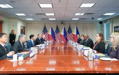 <p><strong>STRONG PH-US TIES.</strong> President Ferdinand R. Marcos Jr. (center, left panel) meets with United States Defense Secretary Lloyd Austin III (center, right panel) at the Pentagon in Washington DC on Saturday (April 13, 2024, Manila time). During his meeting with Austin, Marcos emphasized the Philippines’ strong relations with the US. <em>(Photo from PBBM’s official Facebook page)</em></p>