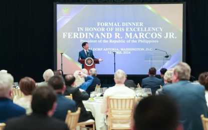 <p><strong>SUCCESSFUL.</strong> President Ferdinand R. Marcos Jr. delivers a speech in a formal dinner in Washington D.C. on April 12, 2024. The President arrived at 3:03 a.m. Sunday (April 14) at the Villamor Air Base in Pasay City after a successful trilateral meeting with US President Joe Biden and Japan Prime Minister Kishida Fumio in the United States. <em>(Photo from Bongbong Marcos Facebook page)</em></p>