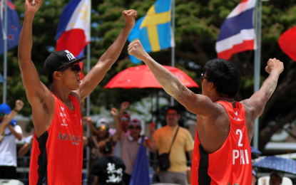 <p><strong>FINALISTS</strong>. The Philippines' Rancel Varga (right) and James Buytrago celebrate their semifinal victory over Latvia's Toms Liepa and Ernests Puskundzis, 21-14, 21-16, in the World Beach Pro Tour Futures at Nuvali Sand Courts in Santa Rosa City, Laguna on Sunday (April 14, 2024). The Filipinos will meet Czechs Krystof Jan Oliva and Vaclav Kurka in the final. (Contributed photo) Philippines' Rancel Varga (right) and James Buytrago celebrate their semifinal victory over Latvia's Toms Liepa and Ernests Puskundzis, 21-14, 21-16, on Sunday in the World Beach Pro Tour Futures at the Nuvali Sand Courts by Ayala Land in Santa Rosa City, Laguna. The Filipinos will meet Czechs Krystof Jan Oliva and Vaclav Kurka in the final. <em>(Contributed photo)</em></p>