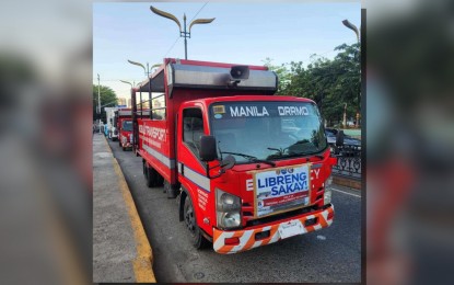 <p><strong>FREE RIDE.</strong> Mobility assets of the Manila City government are on standby in front of the City Hall on Monday (April 15, 2024). The city government has put on standby 80 vehicles to provide free rides to commuters who might be affected by the two-day nationwide transport strike. <em>(Photo courtesy of Manila DRRMO)</em></p>