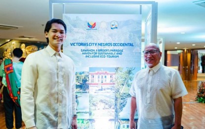 <p><strong>TOURISM CHAMPION.</strong> Victorias City Mayor Javier Miguel Benitez (left) and Vice Mayor Abelardo Bantug III at the awarding ceremony of the Department of Tourism’s Tourism Champions Challenge at Philippine International Convention Center in Pasay City on Monday (April 15, 2024). The city’s entry, A Birder’s Paradise: Haven for Sustainable and Inclusive Eco-Tourism, placed fourth among the top five local government units in the Visayas.<em> (Photo courtesy of Victorias City Tourism Office)</em></p>