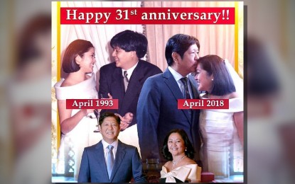 <p><strong>31 YEARS.</strong> President Ferdinand R. Marcos Jr. and First Lady Liza Araneta-Marcos mark their 31st wedding anniversary on Wednesday (April 17, 2024). The First Couple took to social media to greet each other on their special day. <em>(Photo from Liza Marcos Facebook Page)</em></p>