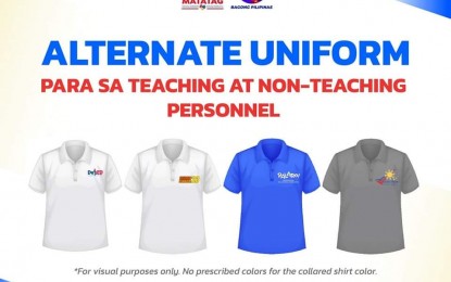 <p><strong>ALTERNATIVE UNIFORM.</strong> The Department of Education (DepEd) has reiterated that teachers and other non-teaching personnel may use other existing DepEd collared shirts as alternative uniforms, in this updated infographic. The DepEd also said that no color is prescribed for the alternative uniforms. <em>(Photo courtesy of DepEd PH)</em></p>