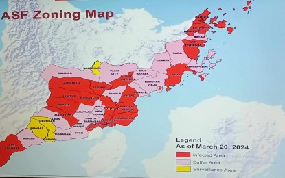 <p><strong>PORK FESTIVAL.</strong> The latest zoning map of the African swine fever in Iloilo province. Ten municipalities are ready to embark on sentineling to test whether or not there is still the presence of the ASF virus. <em>(Photo screengrab from Provincial Veterinarian’s Office)</em></p>
<p> </p>