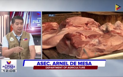 <p><strong>SURGING PORK PRICES.</strong> Agriculture Assistant Secretary Arnel de Mesa says the department is looking into the surging prices of pork in the local market, in an interview on Friday (April 19, 2024) at the Bagong Pilipinas Ngayon briefing. De Mesa said they are monitoring surging prices of pork liempo, with some reaching over PHP400 per kilogram. <em>(Screengrab)</em></p>