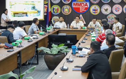 <p><strong>MEETING.</strong> Metropolitan Manila Development Authority (MMDA) Acting chair Romando Artes (center) leads a meeting as they discuss the upcoming partial closure of the EDSA-Kamuning flyover, at the new MMDA building on Julia Vargas Avenue, Pasig City on Monday (April 22, 2024). During a press conference, Artes said the southbound lane of the flyover will be partially closed beginning May 1 and reopen on Oct. 25 after rehabilitation works by the Department of Public Works and Highways.<em> (PNA photo by Robert Oswald P. Alfiler)</em></p>