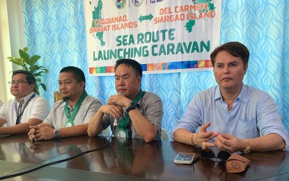<p><strong>NEW ROUTE.</strong> Dinagat Islands Governor Nilo Demerey Jr. (2nd from right) joins Vice Governor Benglen Ecleo (right), Del Carmen Mayor Alfredo Coro II (2nd from left) and Cagdianao Mayor Marc Adelson Longos (left) in a press conference Monday (April 22, 2024) following the opening of the new Dinagat-Siargao tourism route. The route is expected to bolster the tourism industry in both islands.<em> (PNA photo by Alexander Lopez)</em></p>