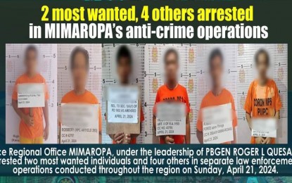<p><strong>NABBED.</strong> Members of the Police Regional Office 4B (Mimaropa) arrest six most wanted persons (MWPs) in the region in separate operations on Sunday (April 21, 2024). These include two MWPs in the province of Palawan. <em>(Photo courtesy Police Regional Office (PRO) 4B)</em></p>