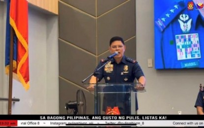 <p><strong>MANDATE</strong>. Philippine National Police chief Gen. Rommel Francisco Marbil speaks to police officers on Tuesday (April 23, 204) at the police regional office in Palo, Leyte. He said policemen are doing their best to help arrest fugitive church leader Apollo Quiboloy, who is facing qualified human trafficking and child sexual abuse charges. <em>(Photo courtesy of PNP Region 8)</em></p>