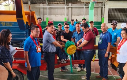 <p><strong>MORE FARM EQUIPMENT.</strong> Department of Agrarian Reform Assistant Secretary Virgilio Mendez (3rd from left) turns over around PHP1.5 million worth of farm machinery to two agrarian reform beneficiaries organizations in Bohol on Wednesday (April 24, 2024). Around 300 rice and corn farmers are expected to benefit from distributed equipment. <em>(Photo courtesy of DAR)</em></p>