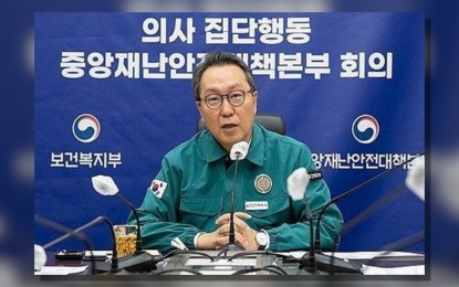 <p><strong>MEDICAL PROFESSIONALS</strong>. Second Vice Health Minister Park Min-soo speaks during a meeting of the Central Disaster and Safety Countermeasures Headquarters to discuss the ongoing walkout by trainee doctors in the administrative city of Sejong on April 23, 2024, in this photo provided by his office. The government is urging trainee doctors to end the mass walkout, ahead of the plan by medical professors to take a day off every week as the load has taken a toll on their health. <em>(Photo by Yonhap)</em></p>