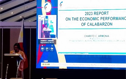 <p><strong>UPWARD MOMENTUM</strong>. Charito Armonia, regional director, Philippine Statistics Authority-Calabarzon (PSA-4A), briefs reporters on Thursday (April 25, 2024) on the region's economic performance in 2023. Calabarzon's economy exceeded the PHP3-trillion mark last year. <em>(Photo by Zen Trinidad)</em></p>