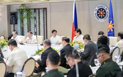 <p><strong>COMMUNITY POLICING.</strong> President Ferdinand R. Marcos Jr. (seated 3rd from left, back row) convenes the 1st Joint National Peace and Order Council-Regional Peace and Order Council at the Malacañan Palace on Thursday (April 25, 2024). During the meeting, the President urged police officers to immerse themselves in the people and "be part of the community" to build trust and foster better engagement. <em>(Bongbong Marcos’ Facebook)</em></p>