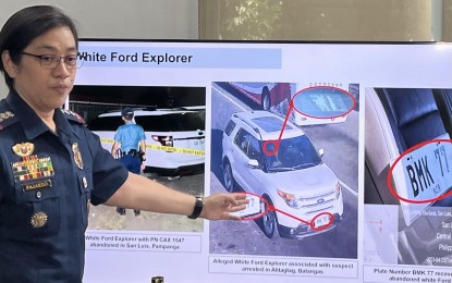 <p><strong>PROBE ON. </strong>PNP information chief and spokesperson Col. Jean Fajardo shows the recovered vehicles possibly connected to PHP9.68 billion shabu in a checkpoint in Batangas province in a presser in Camp Crame on Thursday (April 25, 2024). The two vehicles were caught on CCTV footage together with the van carrying the contraband which was intercepted in a checkpoint in Alitagtag town on April 15. <em>(PNA photo by Lloyd Caliwan)</em></p>