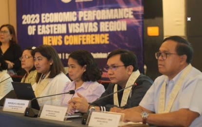 <p><strong>ECONOMIC REPORT.</strong> Officials in Eastern Visayas listen to questions from the media during a press conference at the Summit Hotel in Tacloban City on April 25, 2024. The Eastern Visayas economy posted 6.4 percent growth in 2023, lower than the previous year’s performance but maintained the 6 percent-level growth for three consecutive years, the Philippine Statistics Authority (PSA) said. <em>(Photo courtesy of PSA Eastern Visayas)</em></p>
