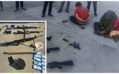 <p><br /> <strong>ILLEGAL FIREARMS.</strong> Three of the four arrested suspects and firearms (inset) seized from a suspected gunrunning group after an anti-illegal firearms operation of the CIDG-BARMM in Talayan, Maguindanao del Sur on Thursday (April 25, 2024). The leader of the group, an MILF field commander, was slain in the brief shootout. <em>(Photo from CIDG-BARMM)</em></p>