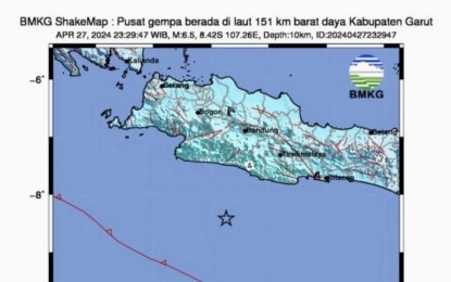 <p>Map of the epicenter of an earthquake with a magnitude of 6.5 in Garut District, West Java, Saturday (27/4/2024) evening. <em>(Antara)</em></p>
