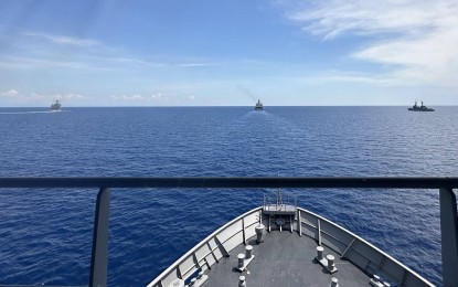 <p><strong>MULTILATERAL MARITIME DRILL.</strong> The formation of ships from the Philippines, US and France during the multilateral maritime exercise" (MME) of this year's "Balikatan" drills on April 29, 2024. Defense Secretary Gilberto Teodoro Jr. on Friday (May 10) said the next edition of the annual US-Philippines "Balikatan" exercises will see heightened action through more realistic scenarios and full battle simulations.<em> (Photo courtesy of AFP Western Command)</em></p>
