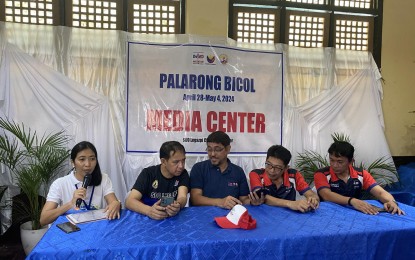 <p><strong>PRESS BRIEFING</strong>. Department of Education (DepEd) officials answer questions during a press briefing on the ongoing Palarong Bicol 2024 at the Media Center of Albay Central School in Legazpi City on Monday (April 29, 2024). More than 6,500 athletes, coaches, officials, and other delegates are in Albay province for the sports events. <em>(PNA photo by Connie Calipay)</em></p>