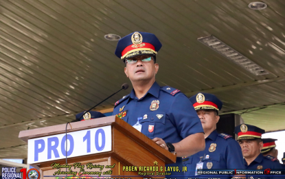 <p><strong>COMMITMENT.</strong> Brig. Gen. Ricardo Layug Jr., the director of the Police Regional Office in Northern Mindanao, delivers a speech on Monday (April 29, 2024) at their headquarters in Cagayan de Oro City. Layug says every police personnel must be active in the community to get accurate information and gather intelligence in crime fighting. <em>(Photo courtesy of PRO-10)</em></p>