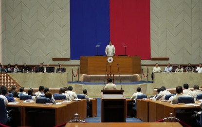 <p><strong>SESSION RESUMES.</strong> Speaker Martin Romualdez addresses members of the House of Representatives during the resumption of session in Batasan, Quezon City on Monday (April 29, 2024). Romualdez said the House of Representatives would prioritize the improvement of the country’s national defense and security and economic development. <em>(Photo courtesy of Speaker’s office)</em></p>