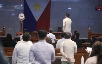 <p><strong>ALL FOR WORKERS.</strong> Senators sing the national anthem as they resume the regular session on Monday (April 29, 2024). They vowed to push for more pro-workers legislations as they paid tribute to the Filipino labor force. <em>(PNA photo by Avito C. Dalan)</em></p>