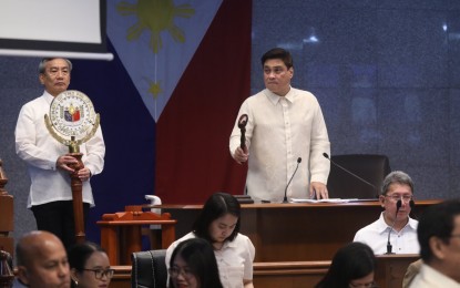 <p><strong>BACK TO WORK.</strong> Senate President Juan Miguel Zubiri bangs the gavel to start off the resumption of session in Pasay City on Monday (April 29, 2024). He said they will approve 20 priority bills before the Second Regular Session of the 19th Congress adjourns May 24. <em>(PNA photo by Avito Dalan)</em></p>