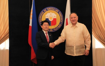 <p><strong>COOPERATION.</strong> Defense Secretary Gilberto Teodoro Jr. (right) and Japan's State Minister for Defense, Oniki Makoto during their meeting in Camp Aguinaldo, Quezon City on Monday (April 29, 2024). Teodoro thanked Tokyo for its staunch support of the ongoing AFP Modernization Program. <em>(Photo courtesy of the DND)</em></p>
