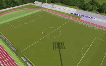 <p><strong>FOOTBALL PITCH.</strong> A design perspective of the artificial-grass football field that will soon rise at the Victorias National High School campus in Victorias City, Negros Occidental. It will be the first 11-a-side synthetic turf soccer pitch to rise in Western Visayas.<em> (Screenshot from Victorias City government video)</em></p>