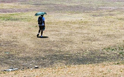 <p><strong>DEHYDRATED.</strong> A man walks on dried grass at the University of the Philippines Sunken Garden in Diliman, Quezon City on April 24, 2023. At least 30 areas are forecast to experience danger level heat index, while the country will continue to experience fair weather with isolated rain showers, the weather bureau said Monday (May 6, 2024). <em>(PNA photo by Joan Bondoc)</em></p>