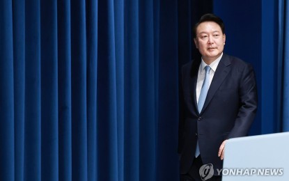 <p><strong>LABOR DAY</strong>. President Yoon Suk Yeol enters the briefing room at the presidential office in Seoul on April 22, 2024. During the Labor Day commemoration on Wednesday (May 1, 2024), he vowed to protect the “value of labor’’ and thanked the 28.4 million workers for their “sweat and efforts” to help boost South Korea’s growth.<em>(Photo by Yonhap)</em></p>