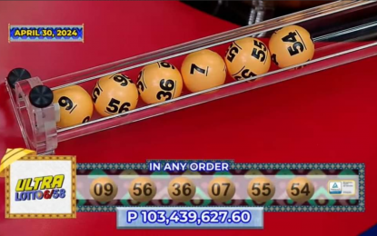 <p><strong>WINNING NUMBERS.</strong>  The winning combination of 6/58 Ultra Lotto drawn on Tuesday (April 30, 2024).  A lone bettor from Quezon City bagged the jackpot prize amounting to more than PHP103 million.  <em>(Screengrabbed from PCSO)</em></p>
