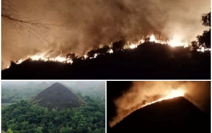 <p><strong>GRASSFIRE. </strong>The grassfire that hit two mounds of the famous Chocolate Hills in Carmen, Bohol, Tuesday night (April 30, 2024) in these photos. Bohol Governor Erico Aristotle Aumentado urged his constituents to refrain from doing open burning to prevent incidents of grassfire. <em>(Photo courtesy of Adon Orog)</em></p>