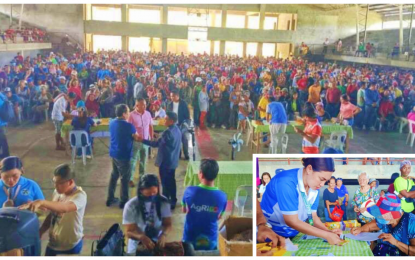 <p><strong>CASH AID.</strong> Thousands of rice farmers flock to the gymnasium of Tulunan, North Cotabato, on Friday (May 3, 2024) for the payout of the Rice Competitiveness Enhancement Fund-Rice Farmers Financial Assistance amounting to PHP5,000 each. A senior female farmer in the town (inset) fills out the form for the release of her cash grant. <em>(Photo courtesy of OPAg)</em></p>
