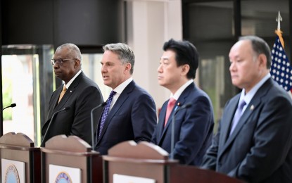 <p><span class="s1"><strong>DEFENSE COOPERATION.</strong> US Secretary of Defense Lloyd Austin III, Australian Deputy Prime Minister and Minister for Defense Richard Marles, Japanese Minister of Defense Kihara Minoru, and Defense Secretary Gilberto Teodoro (left to right) hold a quadrilateral meeting at the Indo-Pacific Command (Indopacom) Headquarters in Honolulu, Hawaii on May 2, 2024. The defense chiefs collectively called out China’s “dangerous use” of coast guard and maritime militia vessels in the South China Sea, and called on China to abide by the 2016 Arbitral Ruling on the South China Sea. (Photo courtesy ofthe Office of Defense Secretary Lloyd Austin III)</span></p>